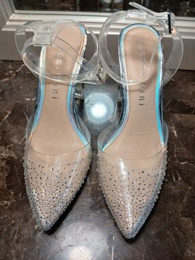 Gianni Bini Nude Pointed Heels with Clear Straps and Rhinestones